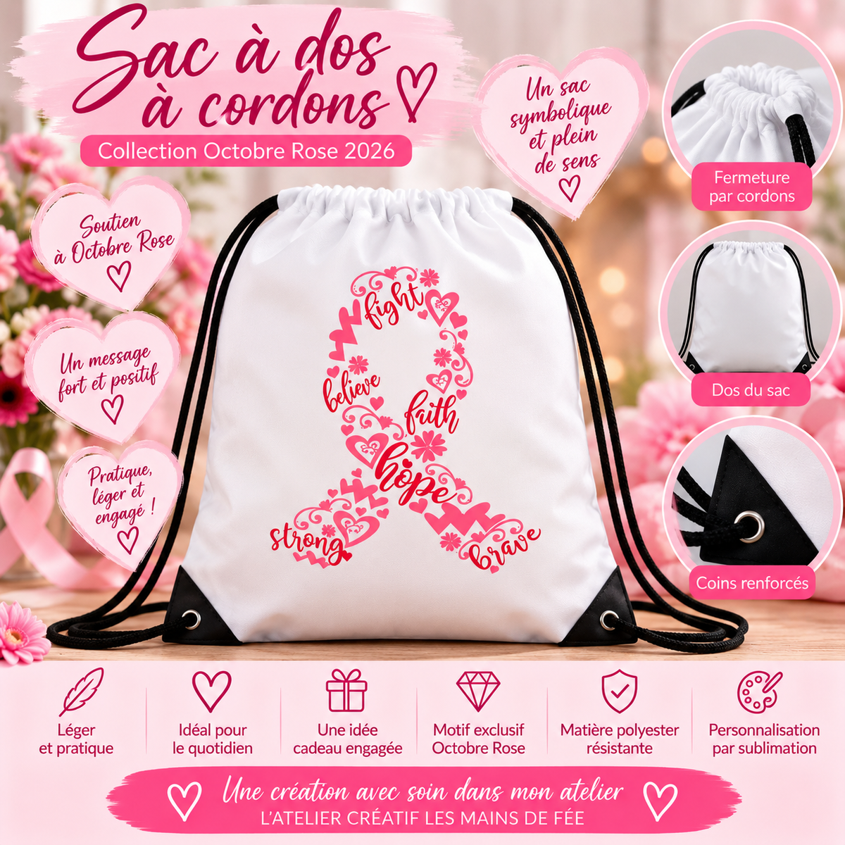 Sac à dos à cordons – Collection Octobre Rose 2026