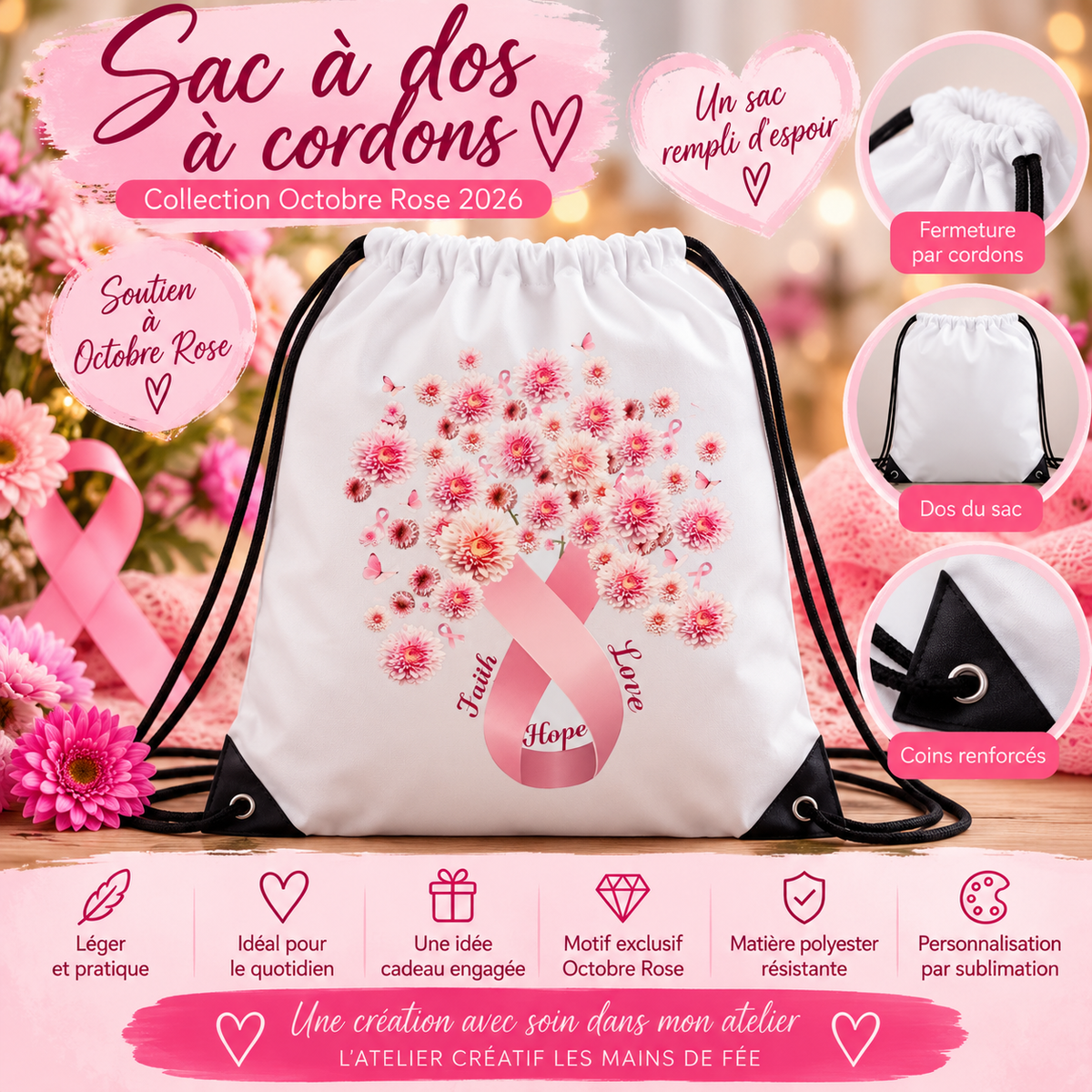Sac à dos à cordons – Collection Octobre Rose 2026