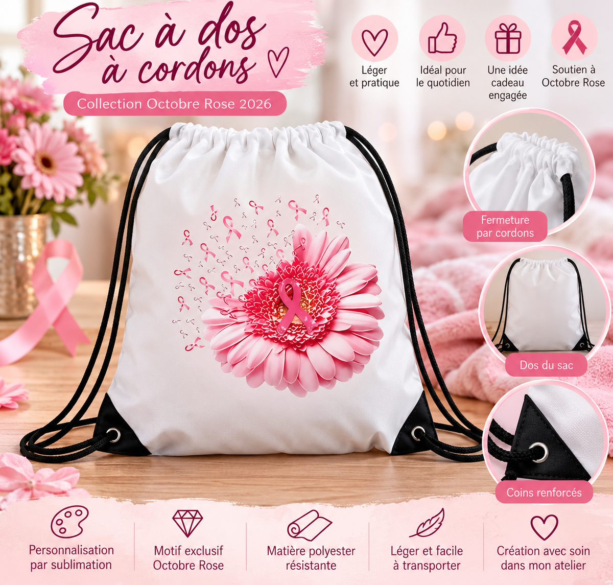 Sac à dos à cordons – Collection Octobre Rose 2026